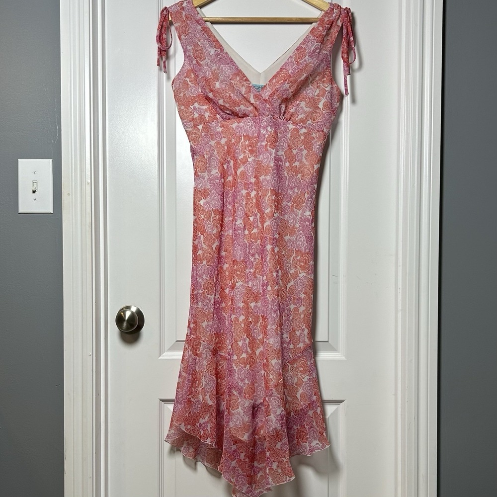 Sfuzi Floral Chiffon Bow Shoulder Asymmetrical Midi Dress Coquette Fairy Style